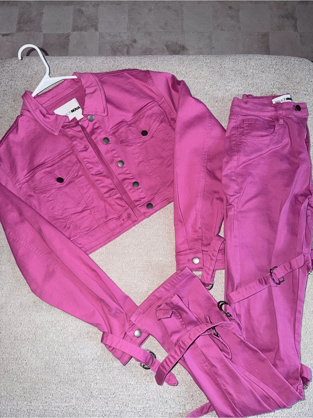 Fashion Nova Pink Denim Matching Set | Cropped Jacket & Cargo Jeans | XS/Size 0